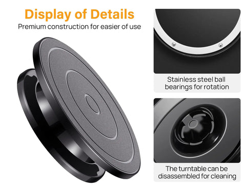 11 Inch Rotate Turntable For Cake Decorating And Painting With Smooth Ball Bearing Spin And 360 Degree Rotation Black Lightweight Display Stand For Spinning Spraying Decorating And Sculpting Projects By Kootek, showing close-up details of stainless steel ball bearings and disassembly features.