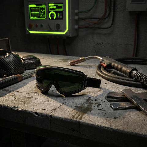 Heavy Duty Welding Goggles With Wide Dark Lens Shade And Adjustable Strap Multipurpose Safety Eyewear For Brazing Torch Cutting on workshop table.