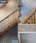Wooden staircase area with Beige Stone PVC Peel And Stick Wall Tiles 30cm X 30cm 3D Self Adhesive Backsplash For Kitchen And Bathroom DIY Easy Install No Grout Waterproof Heat And Impact Resistant Lightweight 10 Sheet Pack on walls.