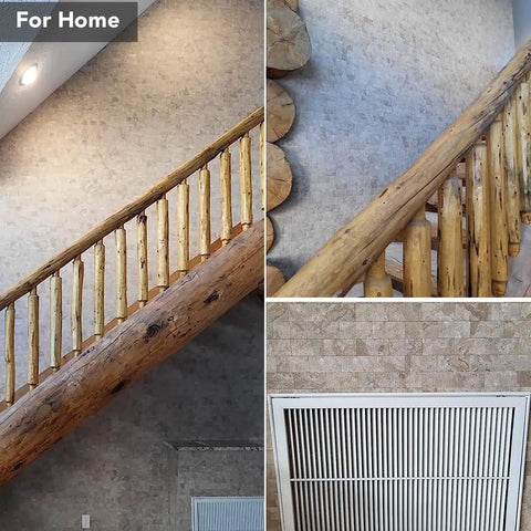 Wooden staircase area with Beige Stone PVC Peel And Stick Wall Tiles 30cm X 30cm 3D Self Adhesive Backsplash For Kitchen And Bathroom DIY Easy Install No Grout Waterproof Heat And Impact Resistant Lightweight 10 Sheet Pack on walls.