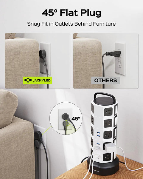 26 In 1 Power Station With 20 Outlets And 6 USB Ports Including 2 USB C Flat Plug Extension, showcased next to a couch.