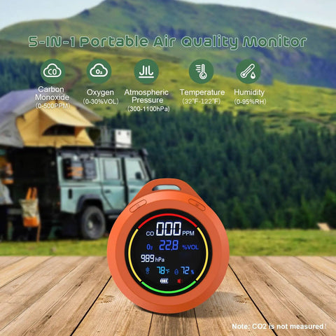 5 In 1 Rechargeable Oxygen Monitor With CO And O2 Readouts, Temperature, Humidity And Atmospheric Pressure on wooden surface