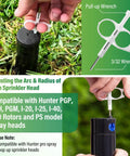 5 Piece Sprinkler Head Tool Kit For Lawn Irrigation DIY Friendly All In One Set, showing a pull-up wrench adjusting a sprinkler head