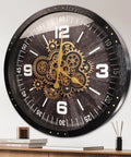 27 Inch Industrial Wall Clock Featuring Real Moving Gears For Living Room Decor, black face with gold gears, stylish wall decor.