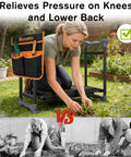 Woman using Garden Kneeler And Chair With Umbrella, 2-In-1 Foldable Garden Stool With Adjustable Bracket, Detachable Tool Bags, Heavy Duty Kneeling Pad For Gardening in black and orange