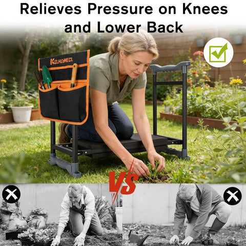 Woman using Garden Kneeler And Chair With Umbrella, 2-In-1 Foldable Garden Stool With Adjustable Bracket, Detachable Tool Bags, Heavy Duty Kneeling Pad For Gardening in black and orange