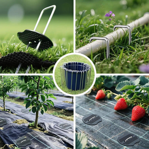 Collage of Beefed Up Six Inch Landscape Staples Kit with Fifty Galvanized U Shaped Stakes in use in garden and lawn settings