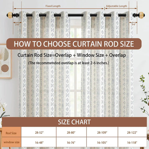 How to choose curtain rod size guide with size chart and overlap tips shown on curtain with luxury crystal finials.