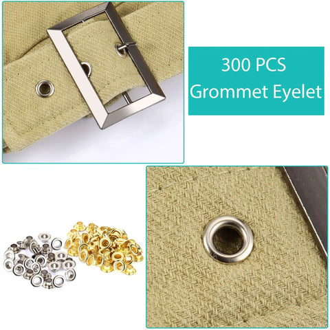 Image of DIY Grommet Eyelet Pliers Kit With 300 Metal Eyelets For Belts Shoes Clothes And Leather Projects - 1 Quarter Inch Punch Tool Set, showing silver and gold eyelets for crafting