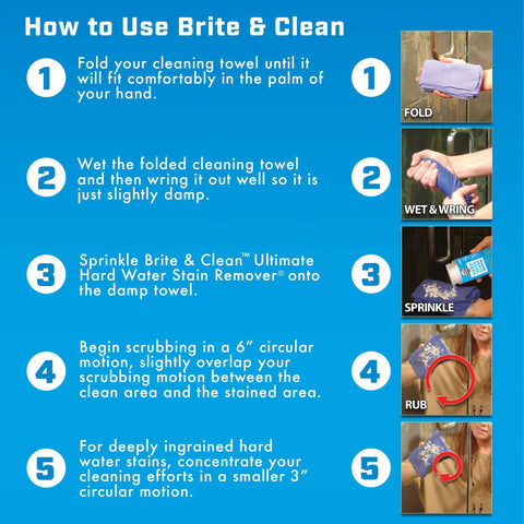 Instructional guide for using Ultimate Hard Water Stain Remover For Glass And Shower Doors That Actually Works on various surfaces.