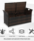 40 Gallon Outdoor Rattan Deck Box with Cushioned Seat open showing interior, steel-framed patio wicker storage chest, brown.