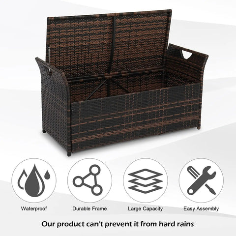 40 Gallon Outdoor Rattan Deck Box with Cushioned Seat open showing interior, steel-framed patio wicker storage chest, brown.