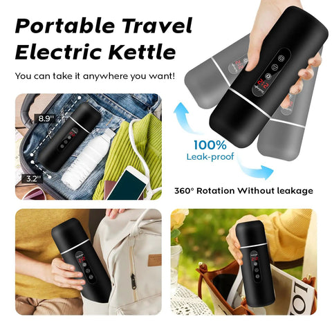 Road Trip Ready Car Kettle With 12V/24V Power Portable Hot Water Boiler for camping and travel in a compact black design.