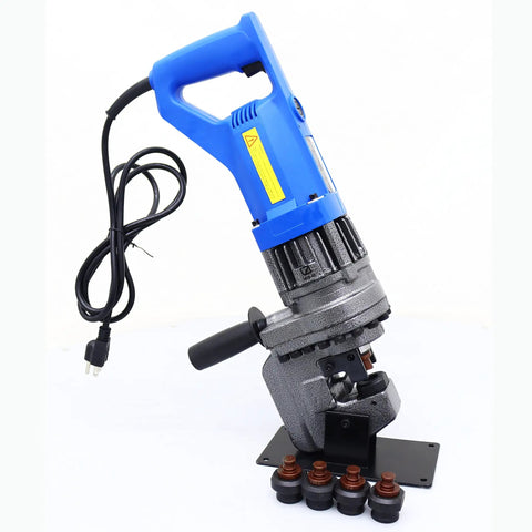 110V Electric Hydraulic Hole Punch Machine With Five Dies for metal, including foot switch for hands-free punching holes from 6.5mm to 20.5mm.