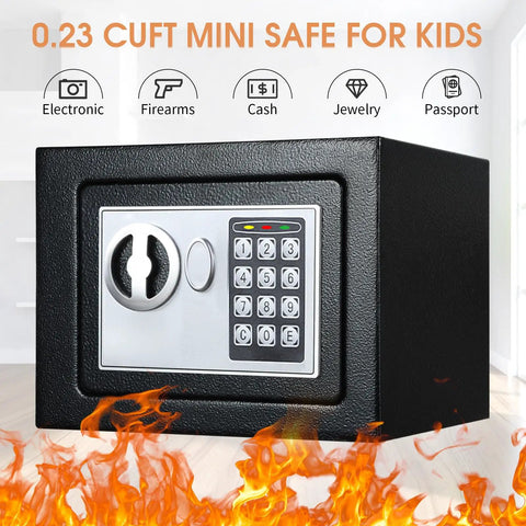 Black safe with digital keypad, labeled Mini Safe for Kids, showing fire icons around it.