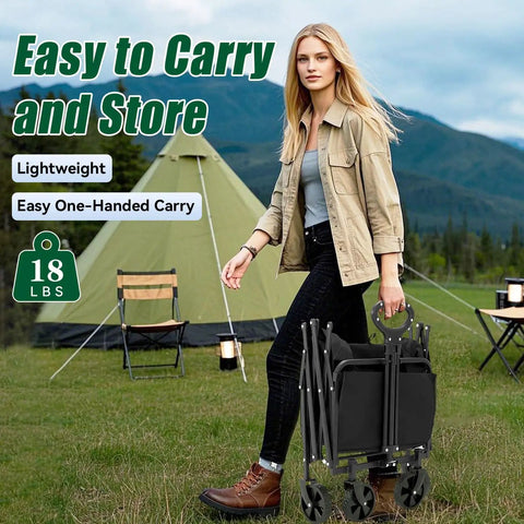 Person carrying folded Foldable Wagon Cart With Tailgate And Roof, 240L Large Capacity, 480Lb Load, for camping use.