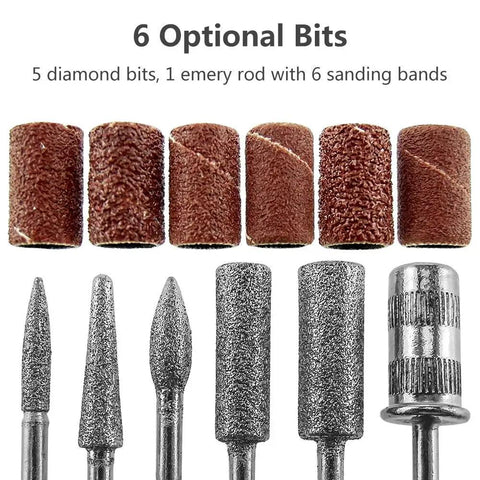 Portable Electric Nail Drill Pen With Six Precision Bits For Buttery Smooth Gel Removal And Acrylic Shaping No Sweat Manicure And Pedicure Kit Pro Moves Home Setup, showing six optional bits and sanding bands.