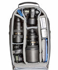 Streetwalker Rolling Camera Backpack With Dedicated Laptop Pocket And Minimalist Black Exterior, Hidden Zip Opening For Main Compartment When Not In Use, Durable, Travel Ready For Photographers On The Go showing organized camera storage compartments