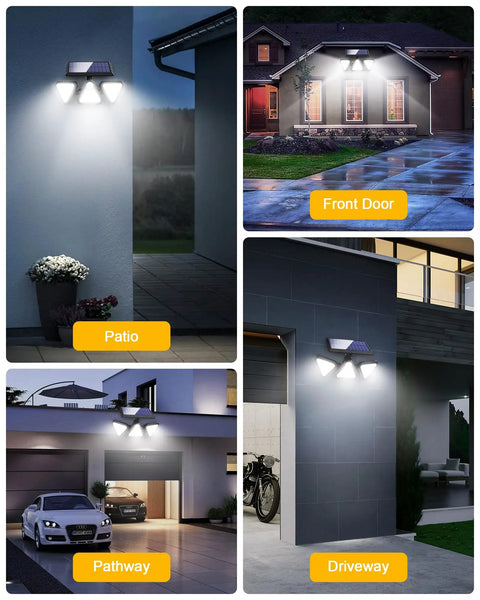 Solar Lights Outdoor Waterproof 180 LED 3 Heads Motion Sensor Flood Lights With 270 Degree Wide Angle on walls and driveways