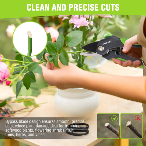 Using 8.5 Inch Bypass Pruning Shear For Easy Yard Work, Heavy Duty Garden Scissors With Labor-Saving Gear on plant stems.
