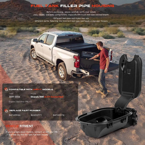 Beefy Abs Plastic Fuel Tank Filler Pipe Housing And Gas Cap Fuel Door Assembly With Reinforced Spring Straight Swap For Chevy Silverado 1500 2019 Through 2025 Six Ft Six In Standard Gas Bed Model Zero Drama placed near truck bed.