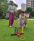 Indoor And Outdoor Ring Toss Game For Kids And Grownups With 5 Poles 2 Bases 16 Soft Foam Rings In 4 Colors Score Markers Easy Setup