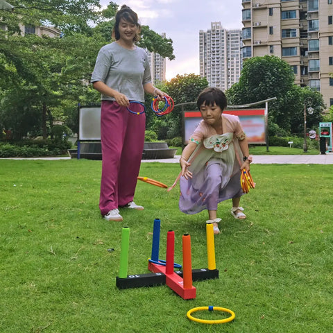 Indoor And Outdoor Ring Toss Game For Kids And Grownups With 5 Poles 2 Bases 16 Soft Foam Rings In 4 Colors Score Markers Easy Setup