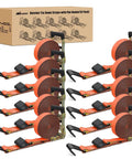 Built Tough 2 Inch By 30 Foot Flat Hook Ratchet Straps 10 Pack Orange Heavy Duty Cargo Tie Downs 10000 Lb Break Strength displayed in a row.
