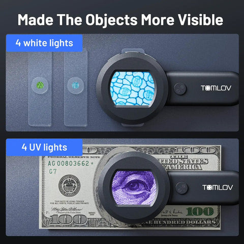 Handheld Digital Microscope With 2 Inch LCD Screen, 100X Coin Magnifier and Jewelry Loupe, Lighted Trichome Magnifying Glass, Handy Pocket Friendly and Portable for Collectors, Easy Share Live View for Coins, Gems, Jewelry, and Error Coins. Black handheld digital microscope with 4 white and 4 UV lights