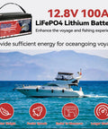 Image of a boat powered by a 12.8V 100Ah LiFePO4 lithium battery, emphasizing lighter weight and longer runtime for voyages