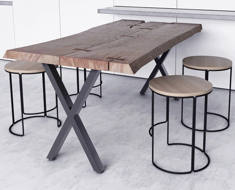 Beefy Metal Table Legs 28 Inch High Square Tube Industrial Style For DIY Dining Tables And Desks Built Tough 800 Lbs Capacity Rustic Decor Furniture Legs Easy To Install under a wooden table with stools.