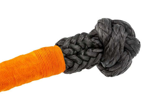 Close-up of Soft Rope Recovery Shackle For Off Road Winching Up To 32000 Lbs 14.5 Ton Includes Mesh Gift Bag, orange and gray rope detail