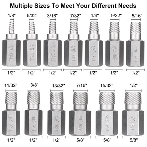 13 Piece Screw Extractor Set Multi Spline Easy Out Bolt Extractor Kit showing various sizes for broken bolts and screws.