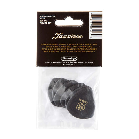Jazztone Large Round Tip Guitar Picks 2.08mm 6 Pack For Jazz Players With Super Grip Non Flexible Feel Contoured Edge Built For Speed And Precision On Smooth Jazz Runs And Complex Chords. Black picks in a 6-pack package.