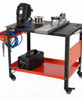 Badass Heavy Duty Welding Table With Pegboard Storage Rock Solid Steel Workbench Supporting 600 Pounds Metal tools and welding setup.