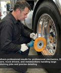 Pro Grade Aluminum Polishing Kit For Angle Grinder With 8 Inch Airway Buffing Wheel in use on truck wheel by mechanic