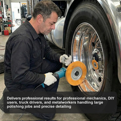 Pro Grade Aluminum Polishing Kit For Angle Grinder With 8 Inch Airway Buffing Wheel in use on truck wheel by mechanic
