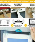Diagram showing all in one picture hanging kit with level tool and sawtooth and wire hangers, wall mount kit in durable hardware case.