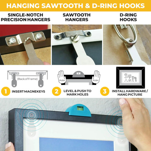 Diagram showing all in one picture hanging kit with level tool and sawtooth and wire hangers, wall mount kit in durable hardware case.