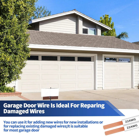 Residential garage with garage door and 100 Ft 22 AWG 2 Pin Universal Garage Door Wire for sensors and control stations compatibility.