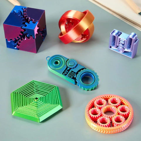 Six Pack 3D Printed Fidget Gear Set With Spin Fractal Gears And Click Mechanisms, Metallic Finish, Great For ADHD And Autism Relief, Kids And Adults, Desk Decor And Party Favors