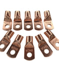 Pack Of Ten 1/0 Gauge Copper Ring Terminal Connectors With Red Black Heat Shrink Tubing 3/8 Inch Stud For Heavy Duty Car Audio Power Wiring That Will Keep Your Bass Rig Amped Up Daily, showcasing copper terminals.