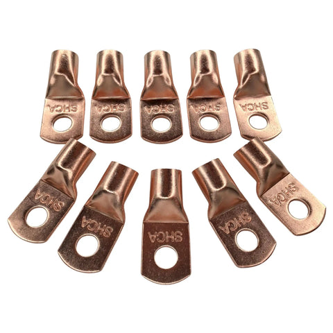 Pack Of Ten 1/0 Gauge Copper Ring Terminal Connectors With Red Black Heat Shrink Tubing 3/8 Inch Stud For Heavy Duty Car Audio Power Wiring That Will Keep Your Bass Rig Amped Up Daily, showcasing copper terminals.
