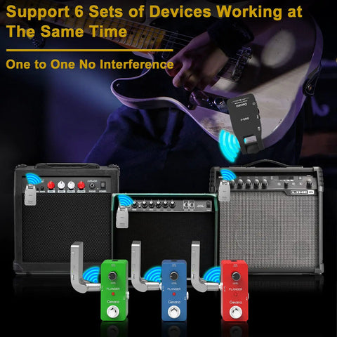 Upgrade 2.4GHz Wireless Guitar System Cordless with built-in rechargeable battery for electric guitars and basses displayed on amplifiers