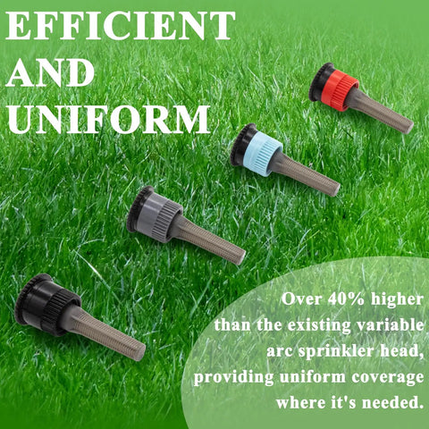 16 Pack Adjustable Variable Arc Pop Up Sprinkler Heads With Premium Replacement Nozzles For No Sweat Lawn Care And Yard Maintenance Featuring Straight Shot Accuracy And Top Shelf Performance For Quick Setup On Any Property with various nozzle colors on grass.