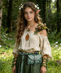Totally Sick Medieval Renaissance Belt Bag For Women Featuring Green Floral Embossed PU Leather Waist Pouch With Antique Ring Buckle worn by model in forest.