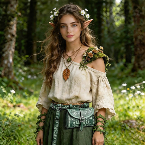 Totally Sick Medieval Renaissance Belt Bag For Women Featuring Green Floral Embossed PU Leather Waist Pouch With Antique Ring Buckle worn by model in forest.
