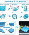 Foldable 47 Inch Kiddie Pool With Sprinkler Canopy assembly steps and storage in car trunk, highlighting portability