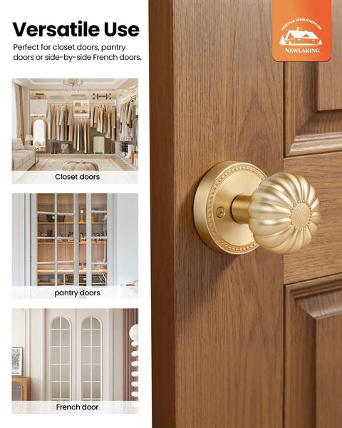 Satin Brass Dummy Door Knobs For Closet And Pantry, Vintage Non Turning Inactive Interior Door Handles, installed on wooden door