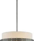 Garrett 3-Light Pendant in weathered iron with beige linen shade, rustic industrial loft lighting, front view hanging angle